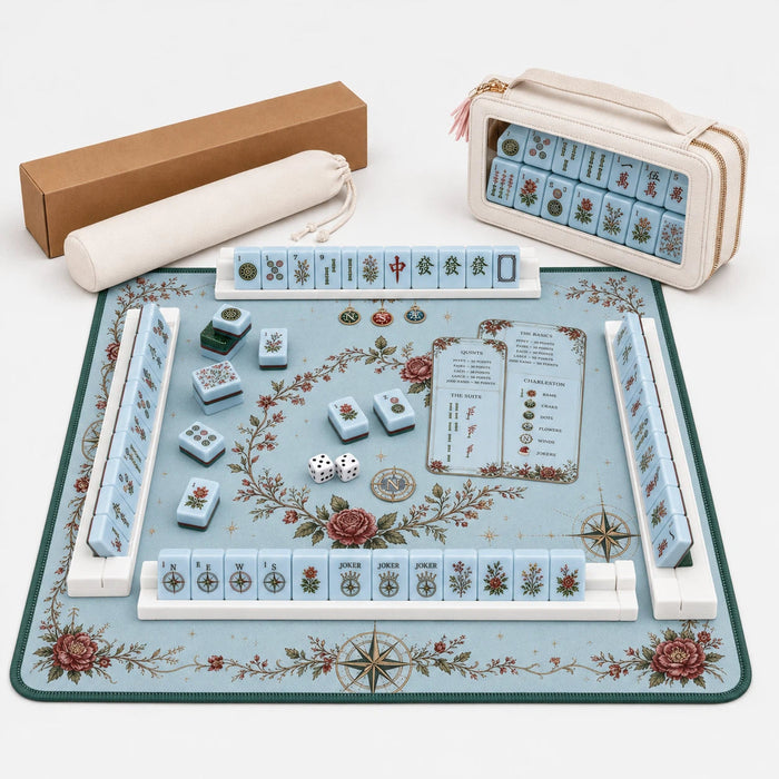An American mahjong mat set up with tiles, racks and a carry bag