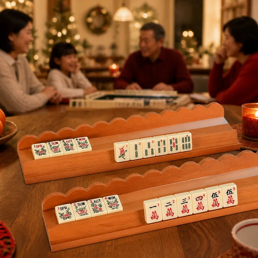 American Mahjong Racks with Magnetic Pushers, Set of 4, 17 Inch Wave Edge Natural Wood
