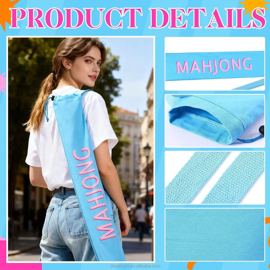 Mahjong Mat and Pusher Storage Bag, 34 Inch Long Polyester Drawstring Bag with Strap, Printed, view 10