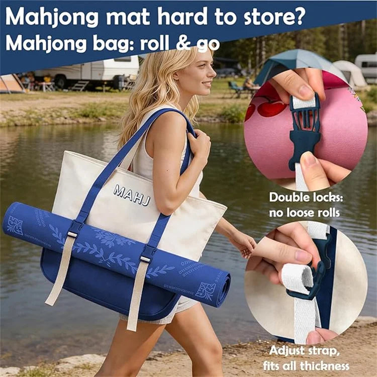 American Mahjong Storage Bags, Canvas Tote with Mat Holder and Drawstring Sleeves, Dark Blue, view 6