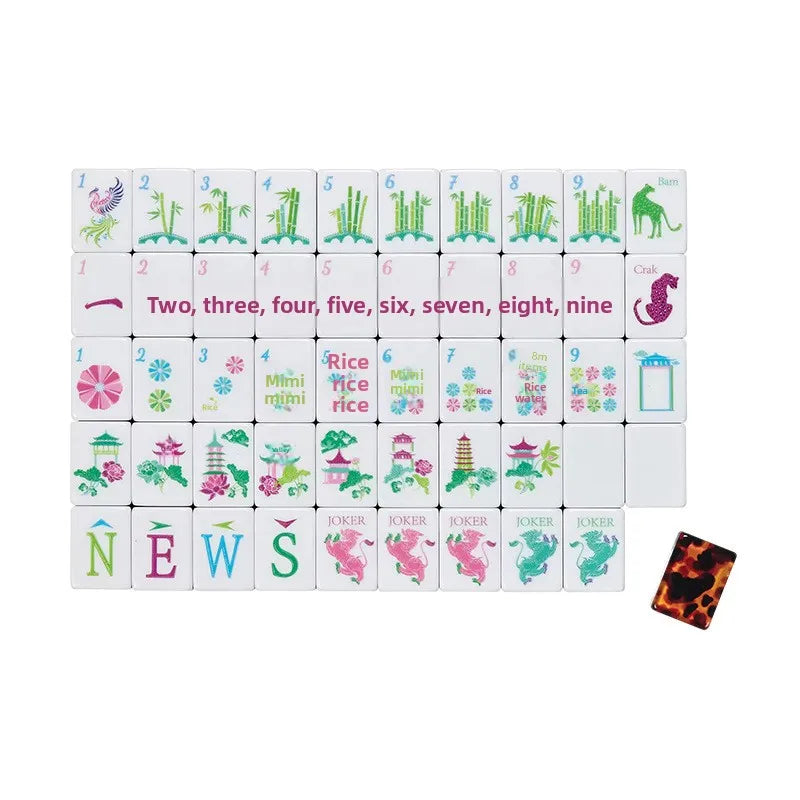 Mini American Mahjong Set, 4 Layer Color-Block Acrylic Tiles with Green Rhinestones, in Bag, view 5