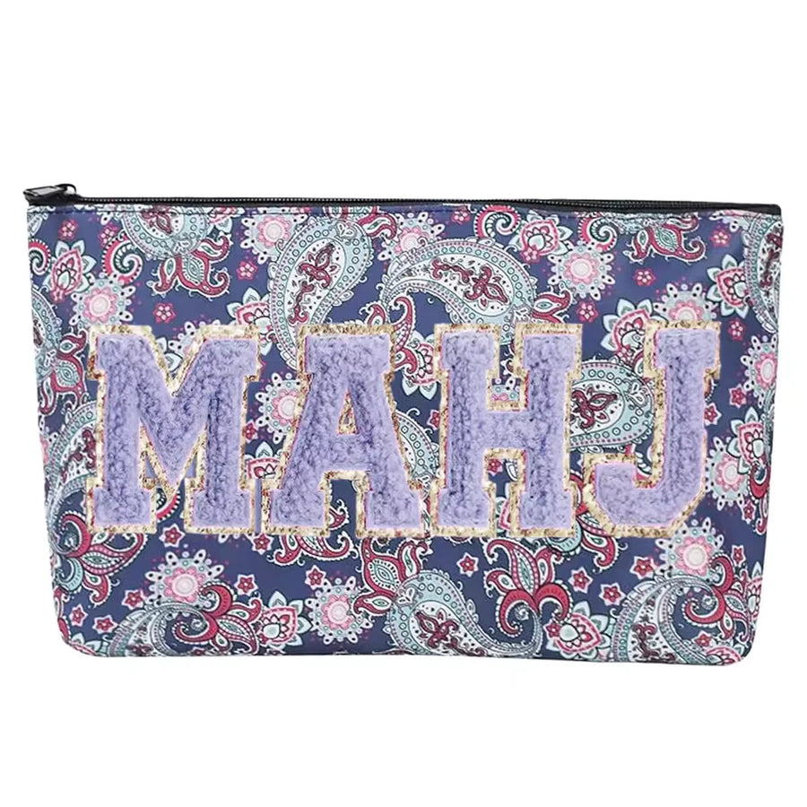 American Mahjong Tile Storage Pouch, Floral Zipper Bag with Embroidered MAHJ, view 6