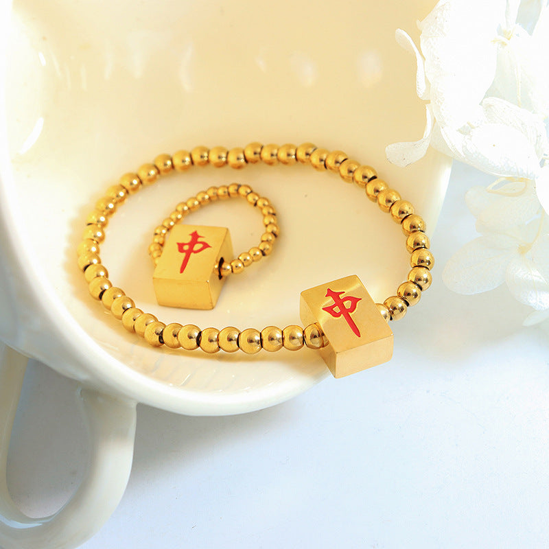 Mahjong Elastic Rope Ring Bracelet, Stainless Steel, 18K Gold Plated, Ethnic Style, view 2