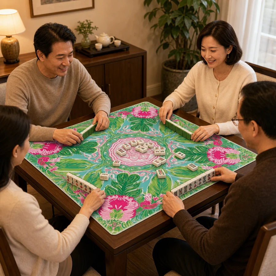 American Mahjong Mat, 31.5 Inch Foldable Rubber, Non-Slip, Green and Pink Paradise Floral