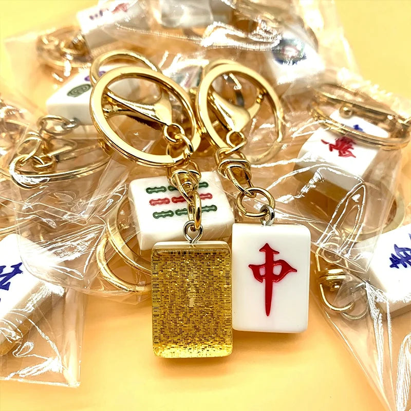 Mini Mahjong Tile Keychain, Red Dragon, Green Dragon and White Dragon Designs, Acrylic and Metal
