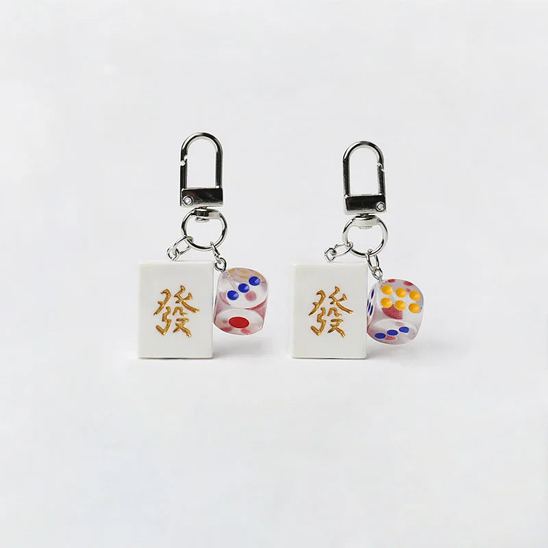 Mahjong Keychain, Resin Green Dragon Fa Tile Key Ring with Dice Pendant, view 4