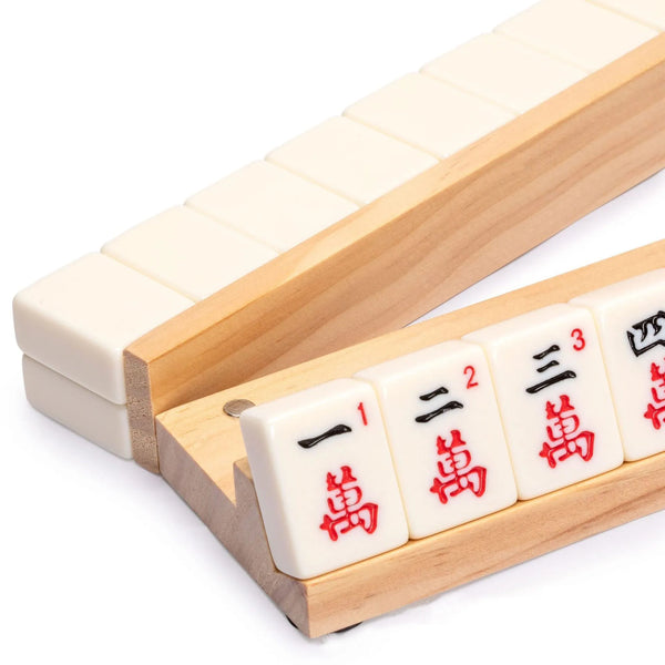 Mahjong Rack with Pusher, Natural Pine Wood Tile Holder and Organizer for Mahjong and Dominoes