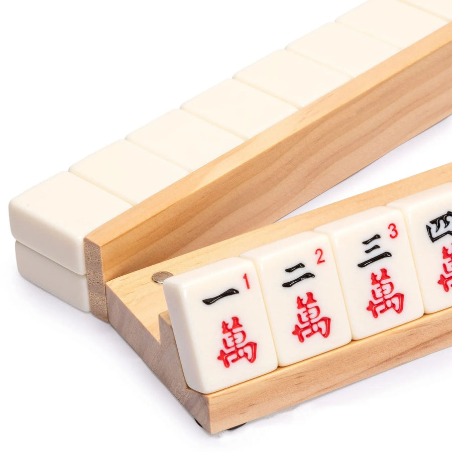 Mahjong Rack with Pusher, Natural Pine Wood Tile Holder and Organizer for Mahjong and Dominoes