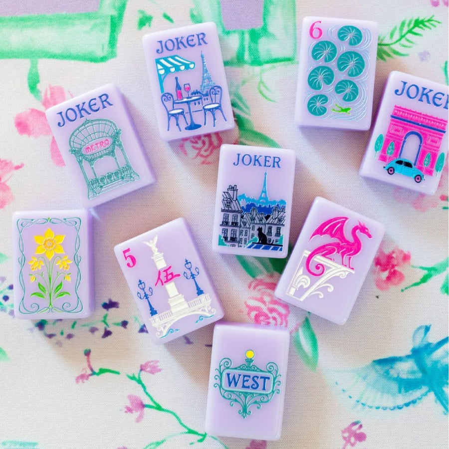 American Mahjong Set, 160 Hand Rubbed Crystal Acrylic Tiles, Purple Paris Style, view 3
