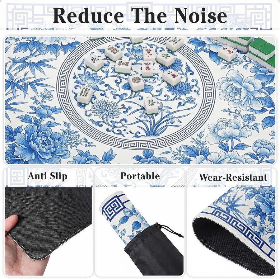 Mahjong Mat with Carrying Case, Rubber, Non-Slip, Wrinkle-Free, Blue and White Chinoiserie Peony, view 4