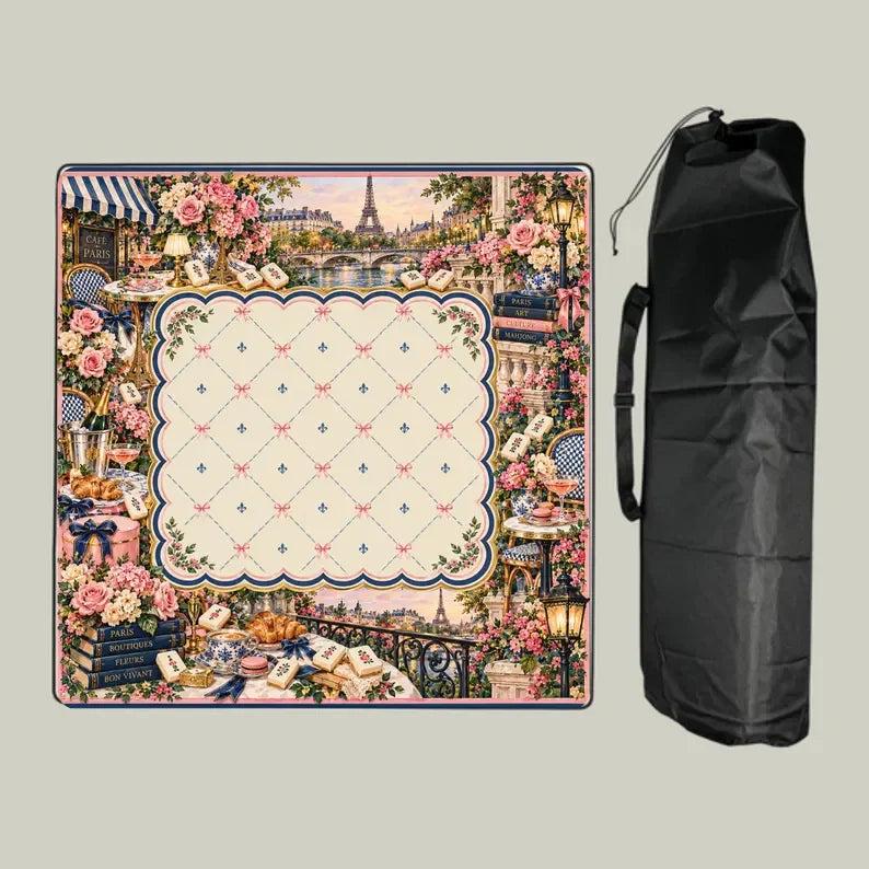 American Mahjong Mat with Storage Bag, Neoprene, Non-Slip, Noise Reducing, Folk Art Leopard Floral