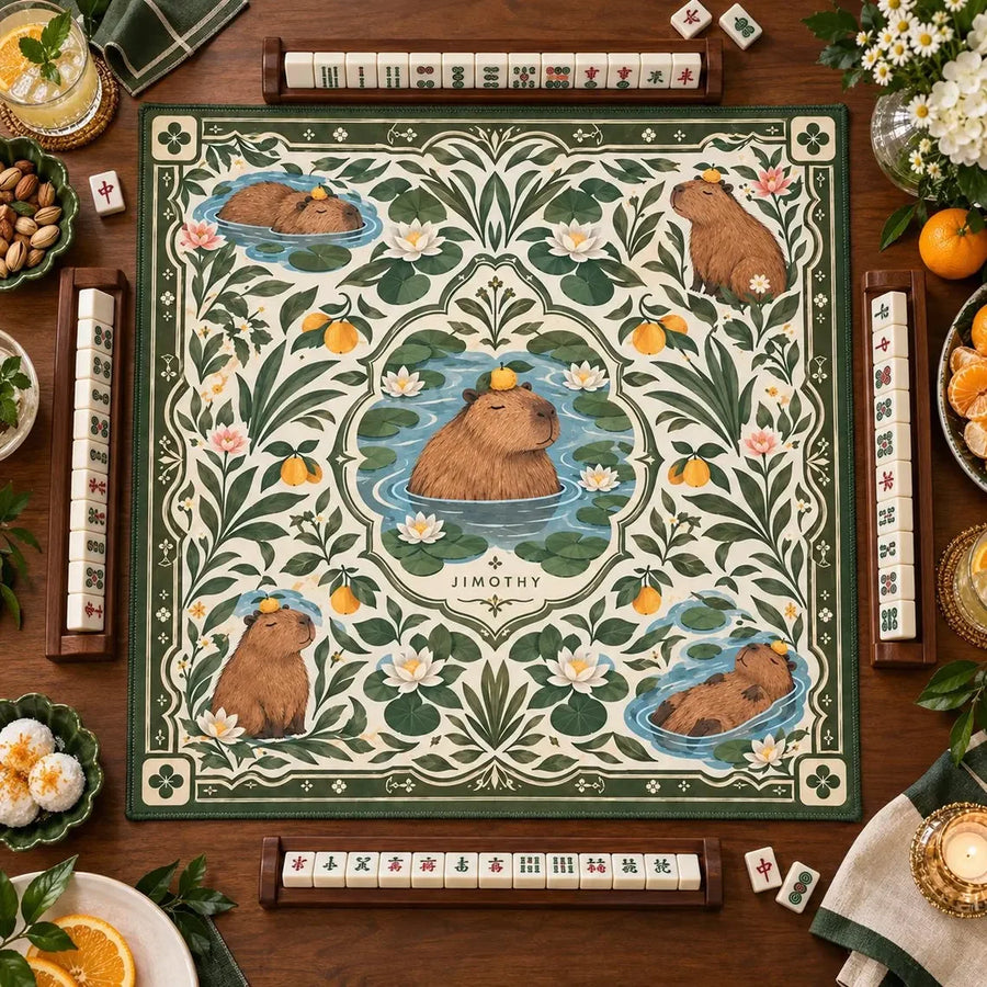 American Mahjong Mat with Storage Bag, Neoprene, Non-Slip, Noise Reducing, Green Bamboo, Crane and Ginkgo