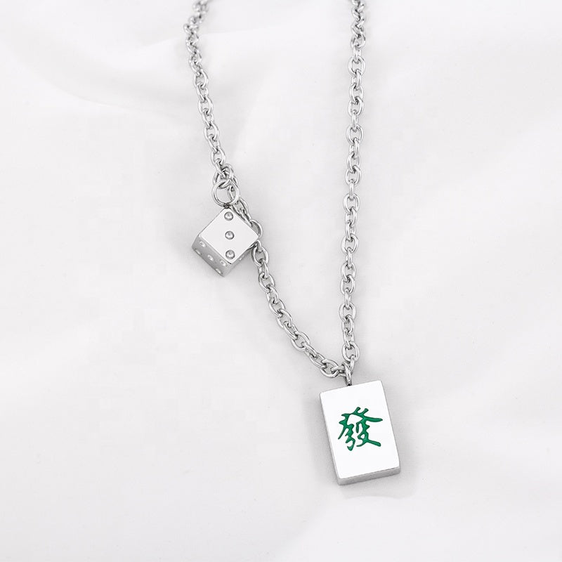 Mahjong Dice Pendant Necklace, Square Stainless Steel, Green, 21.7 Inch (55 cm) Chain, view 5
