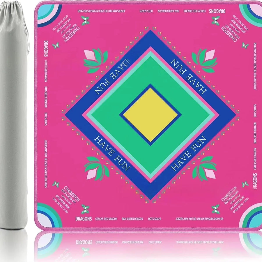 American Mahjong Mat with Storage Bag, Square Rubber, Non-Slip, Noise Reducing, Pink Bow