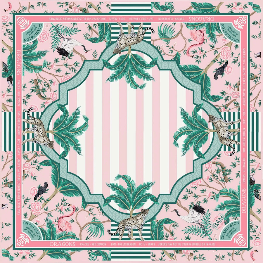 American Mahjong Mat, 33 x 33 Inch Neoprene, Non-Slip, Pink Leopard and Palm Scarf Print