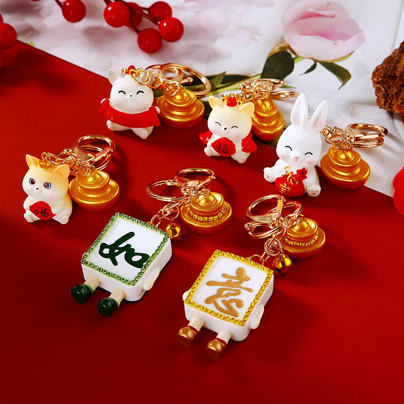 Mahjong Tile Keychain, Resin with Rhinestones, Ruyi Ingot Bag Charm, 2.1 x 1.4 Inch, 2 Styles, view 2