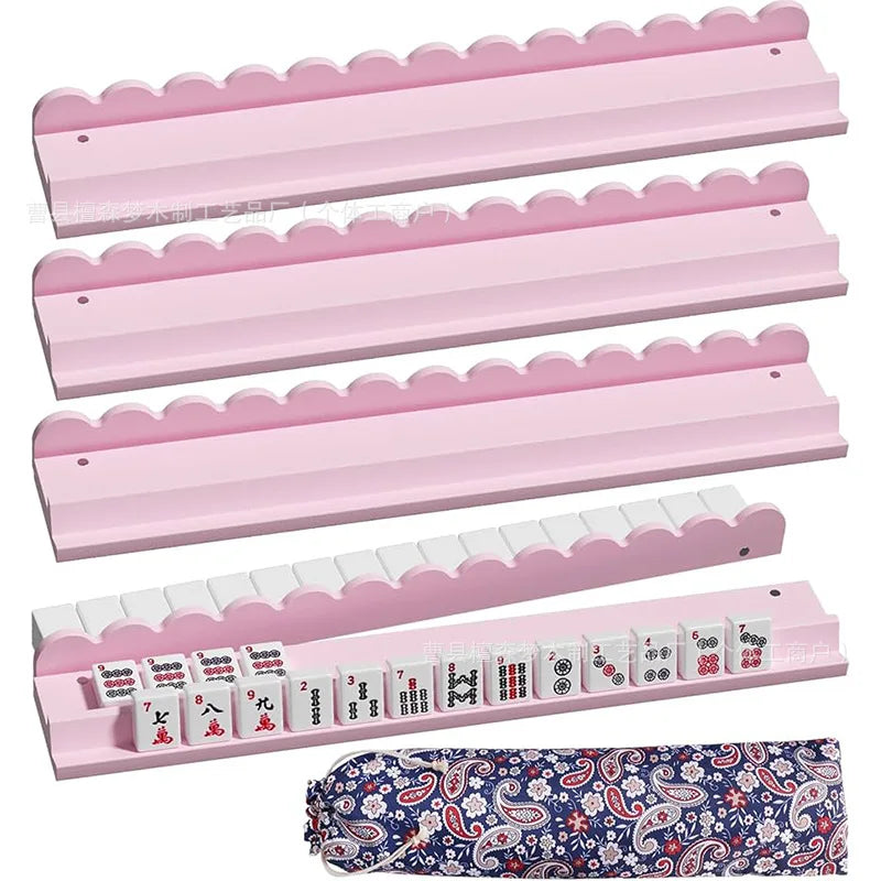 American Mahjong Rack and Tile Pusher, 17 Inch Wave Pattern Wood, Classic Style, Portable