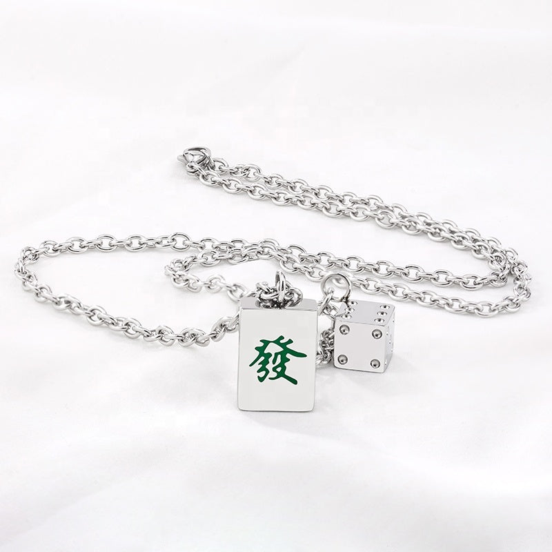 Mahjong Dice Pendant Necklace, Square Stainless Steel, Green, 21.7 Inch (55 cm) Chain, view 6
