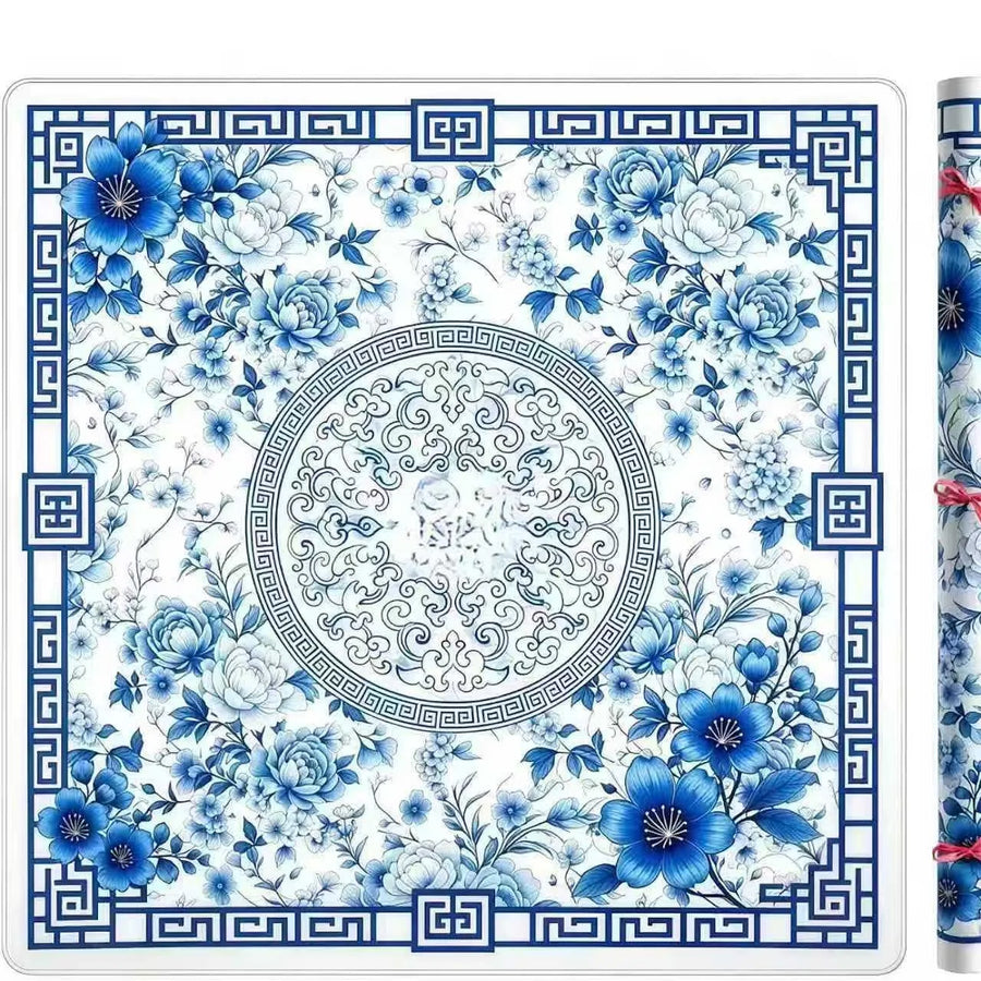American Mahjong Mat, 33 x 33 Inch Natural Rubber, Non-Slip, Blue and White Floral