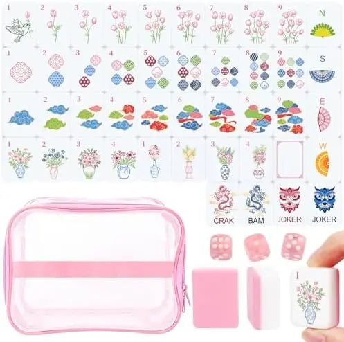American Mahjong Tile Set, 162 Tiles, 3D Engraved Melamine, Storage Bag and Dice, Pink, view 8