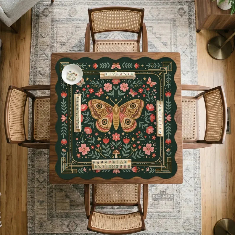 American Mahjong Mat with Carry Bag, Neoprene, Non-Slip, Dark Green Vintage Moth and Wildflower