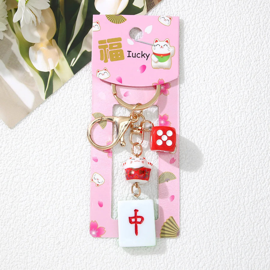 Mahjong Lucky Cat Keychain, Fortune Cat and Dice Bag Charm, Lightweight Key Ring, view 8