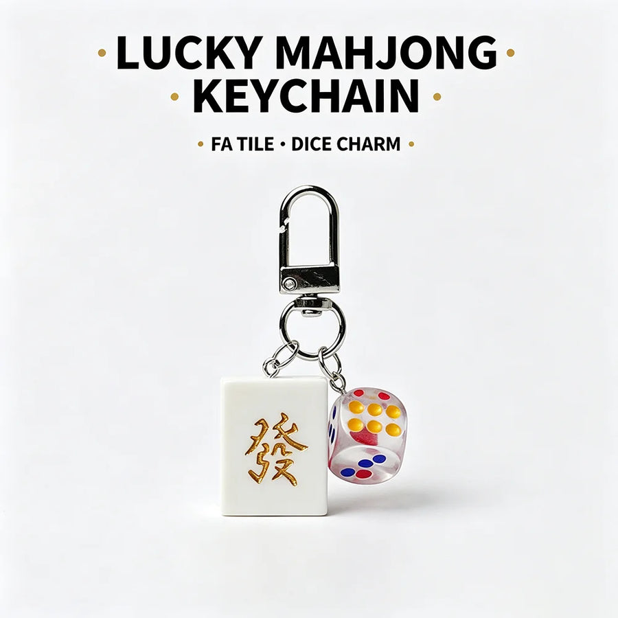 Mahjong Keychain, Resin Green Dragon Fa Tile Key Ring with Dice Pendant, view 5