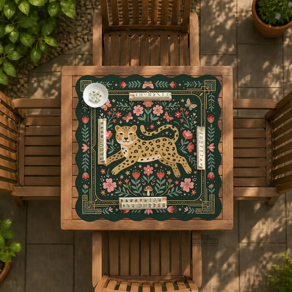 American Mahjong Mat with Storage Bag, Neoprene, Non-Slip, Noise Reducing, Folk Art Leopard Floral