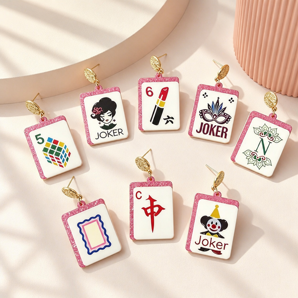 Mahjong Tile Earrings, Glitter Acrylic, Square Joker Tile Charm