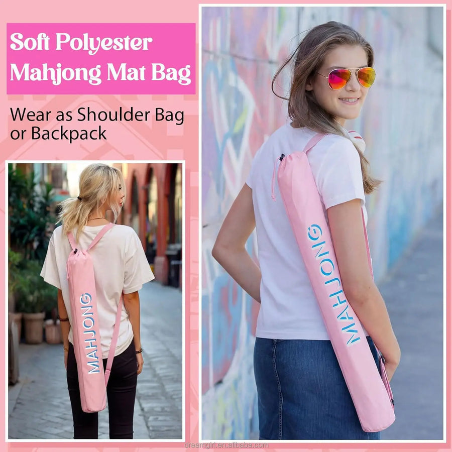Mahjong Mat and Pusher Storage Bag, 34 Inch Long Polyester Drawstring Bag with Strap, Printed, view 3