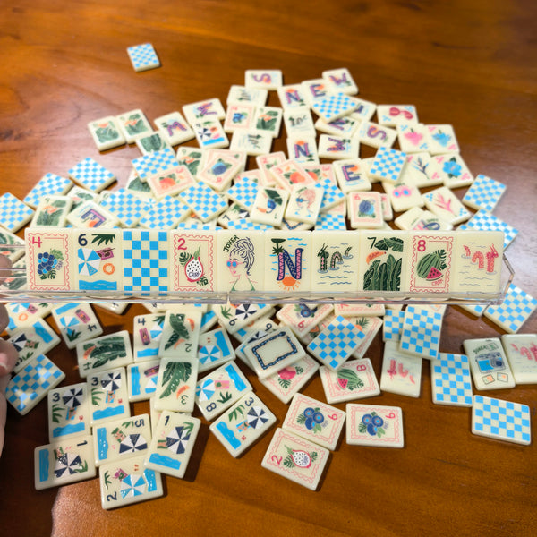 American Mahjong Set for Travel, Blue Vacation Style Design, Modern Tile Set