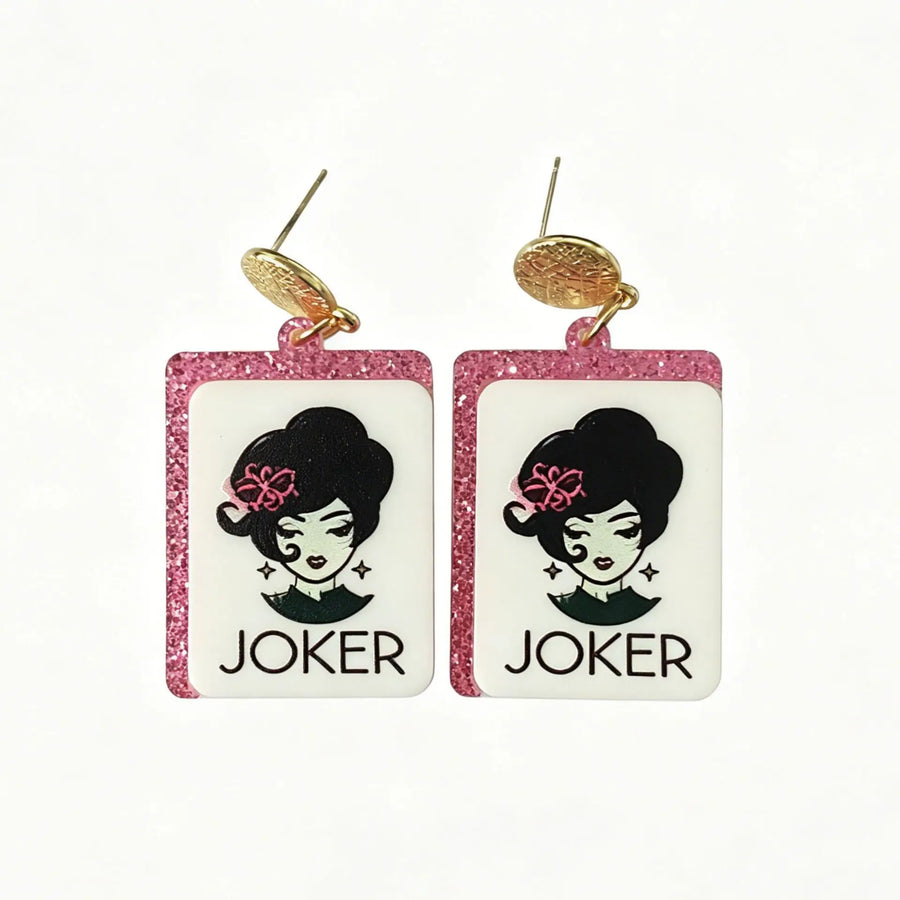 Mahjong Tile Earrings, Glitter Acrylic, Square Joker Tile Charm