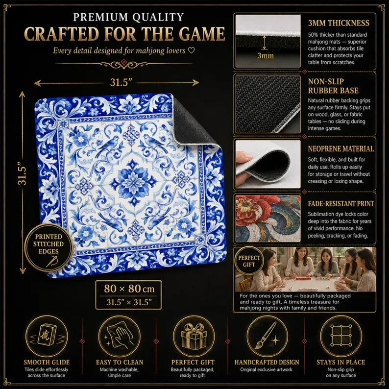 American Mahjong Mat with Carry Bag, Neoprene, Non-Slip, Noise Reducing, Black and Gold Crane and Peony