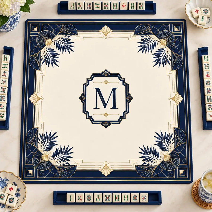 American Mahjong Mat with Storage Bag, Neoprene, Non-Slip, Noise Reducing, Green Bamboo, Crane and Ginkgo