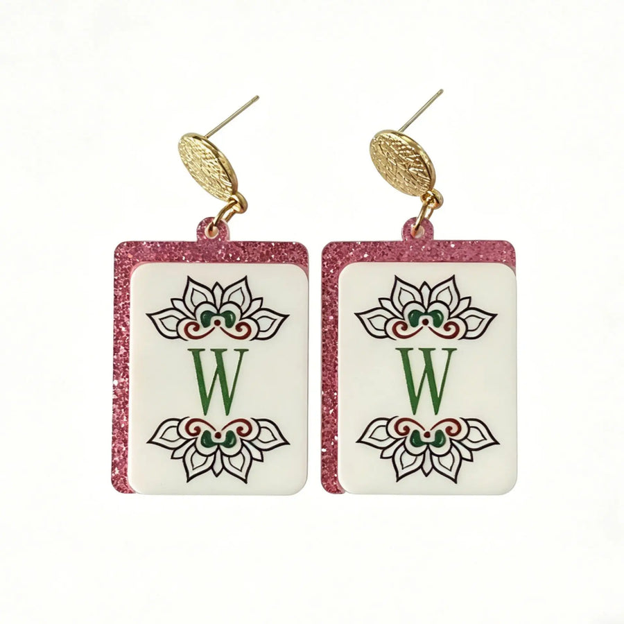 Mahjong Tile Earrings, Glitter Acrylic, Square Joker Tile Charm, view 10