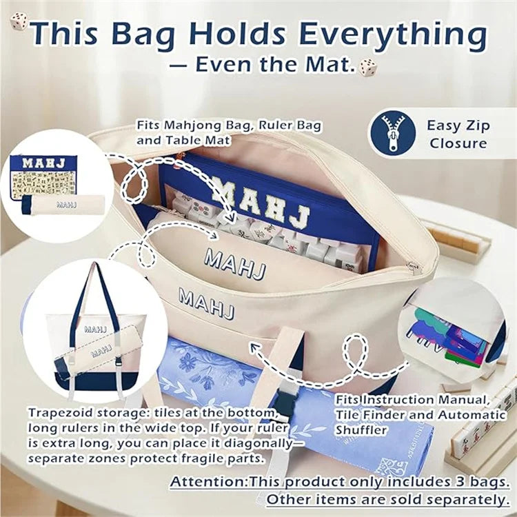 American Mahjong Storage Bags, Canvas Tote with Mat Holder and Drawstring Sleeves, Dark Blue, view 3