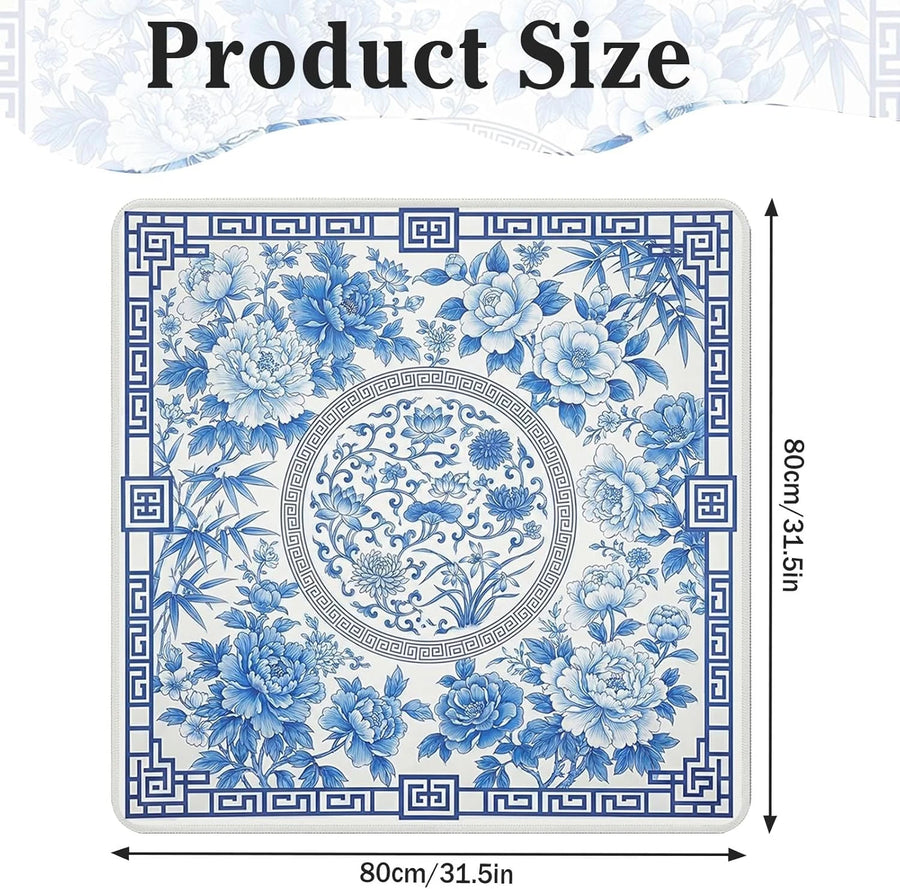 Mahjong Mat with Carrying Case, Rubber, Non-Slip, Wrinkle-Free, Blue and White Chinoiserie Peony, view 2