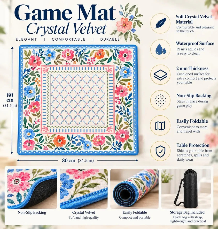 American Mahjong Mat with Carry Bag, Neoprene, Non-Slip, Dark Green Vintage Moth and Wildflower