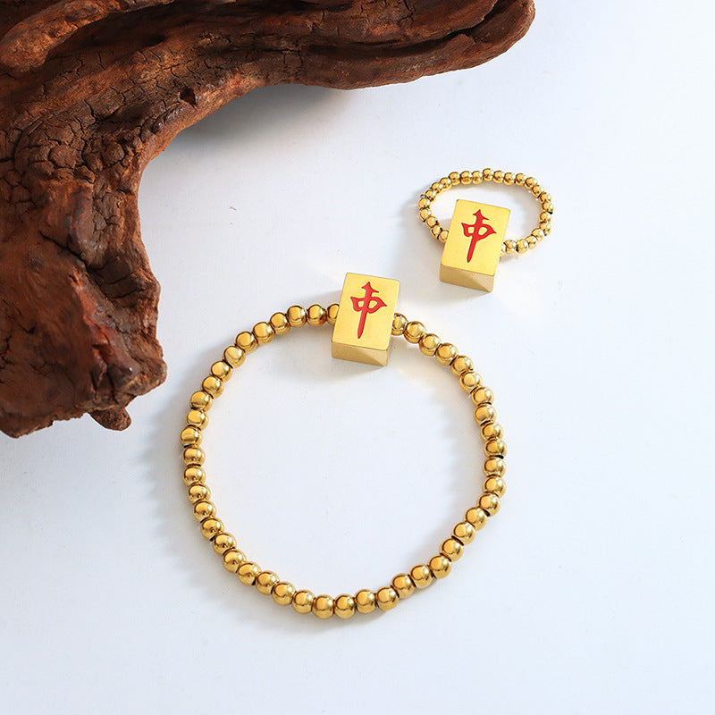 Mahjong Ring Finger Chain Beaded Bracelet, Red Stretch Rope, Stainless Steel, PVD Gold Plated