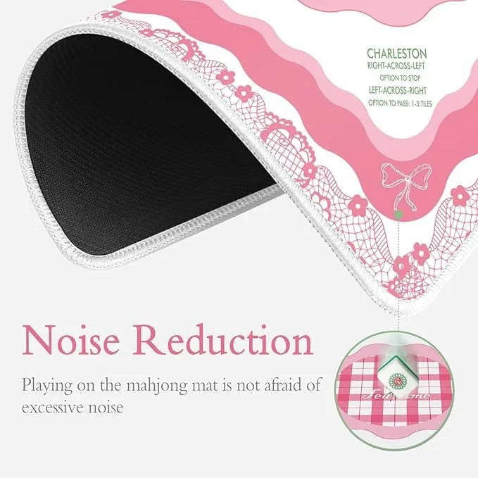 American Mahjong Mat with Storage Bag, Square Rubber, Non-Slip, Noise Reducing, Pink Bow, view 2