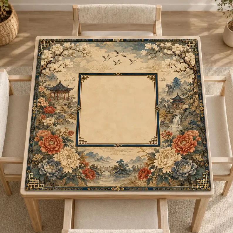 American Mahjong Mat with Storage Bag, Neoprene, Non-Slip, Noise Reducing, Peony and Peacock