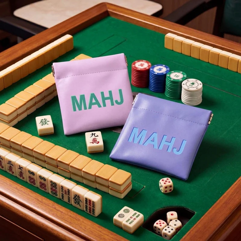 Mahjong Card Clutch Holder Set, Embossed MAHJ PU, with Squeeze Dice Pouch and Line Finder Sleeve