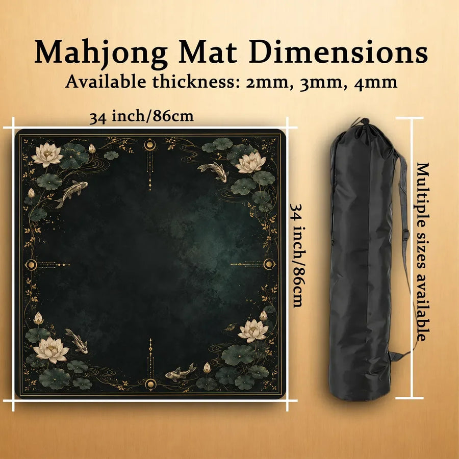 American Mahjong Mat with Carry Bag, Neoprene, Non-Slip, Dark Green Vintage Moth and Wildflower