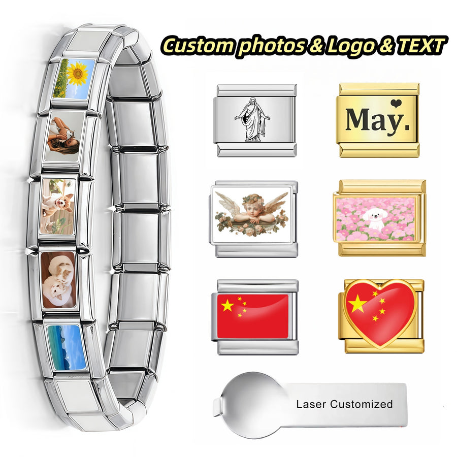 Mahjong Italian Charm Bracelet, Stainless Steel, Dragon and Yin-Yang Charms, Interchangeable, view 5