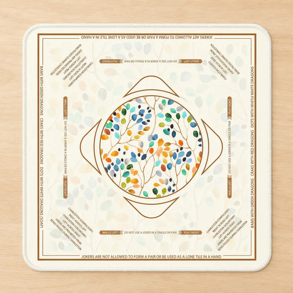 Round Mahjong Mat for 4 Players, Rubber, Non-Slip, Stitched Edge, Watercolor Leaf