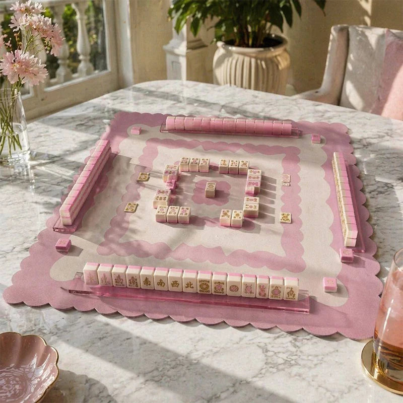 Mahjong Game Mat, 31.5 x 31.5 Inch (80 cm) Foldable Rubber, Pink Lines Design