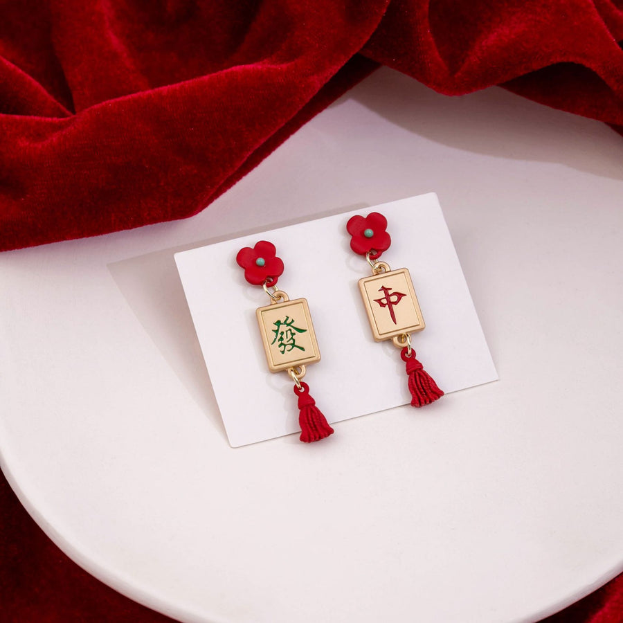 Mahjong Tassel Drop Earrings, Asymmetric, Red Flower, 1.2 x 4.7 cm, view 3