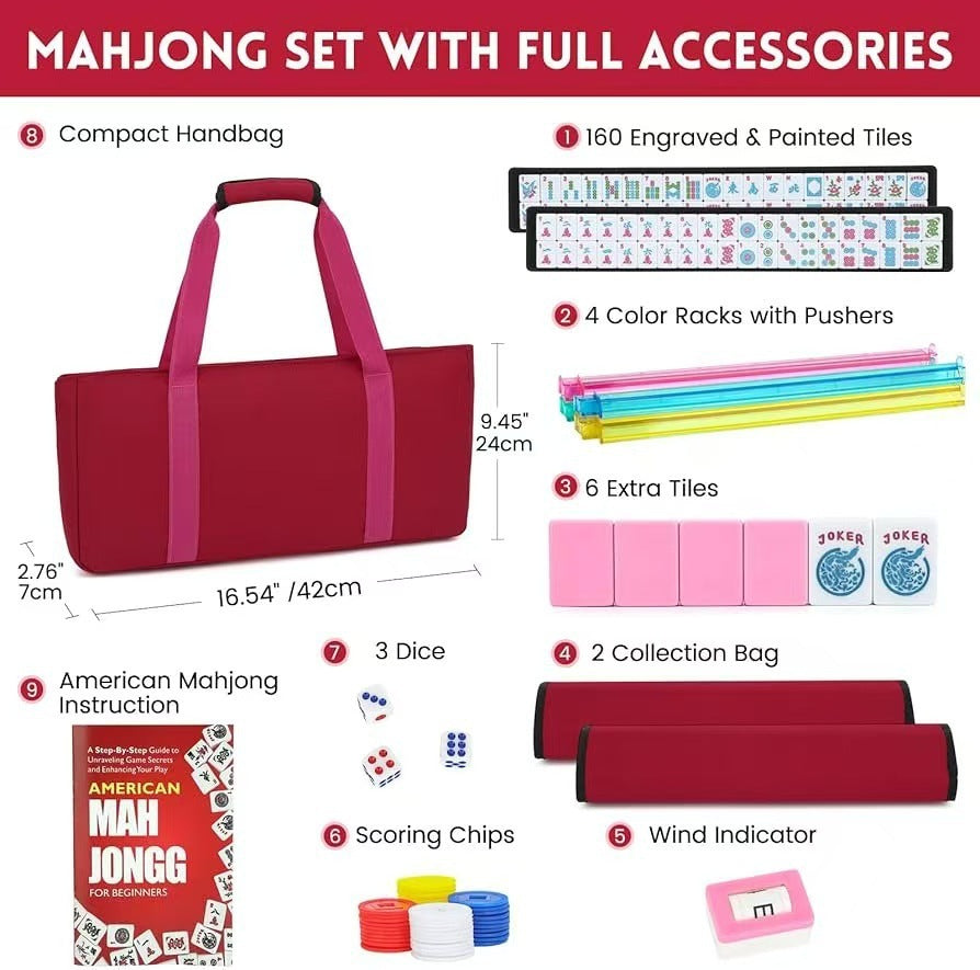 American Mahjong Set, 160 Engraved Tiles, 4 Color Racks and Pushers, Carry Bag, Dice, Scoring Chips, view 5