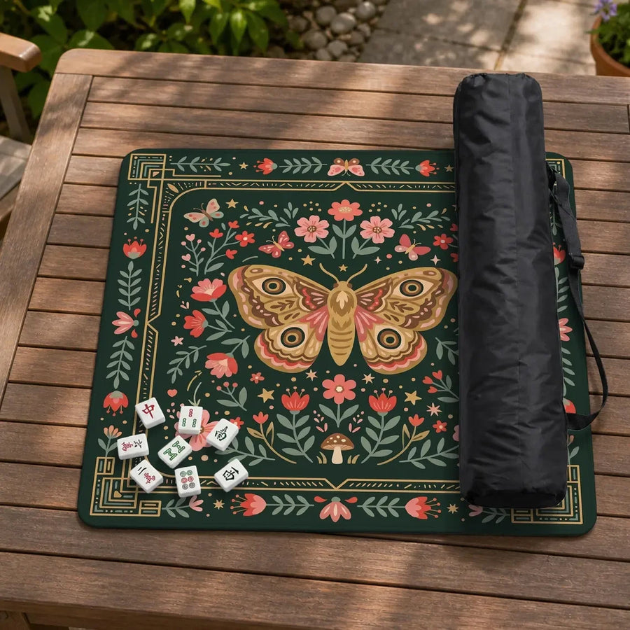 American Mahjong Mat with Storage Bag, Neoprene, Non-Slip, Noise Reducing, Peony and Peacock