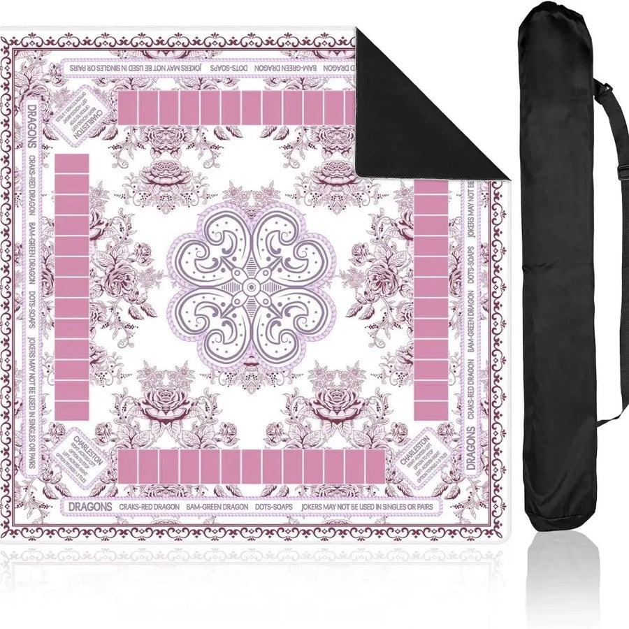 American Mahjong Mat with Carry Bag, Foldable Rubber, Locked Edge, Vintage Floral Pattern